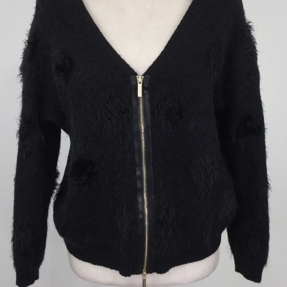 ARMANI EXCHANGE Black Faux Fur Polka Dot V-Neck Zip Sweater Size Medium